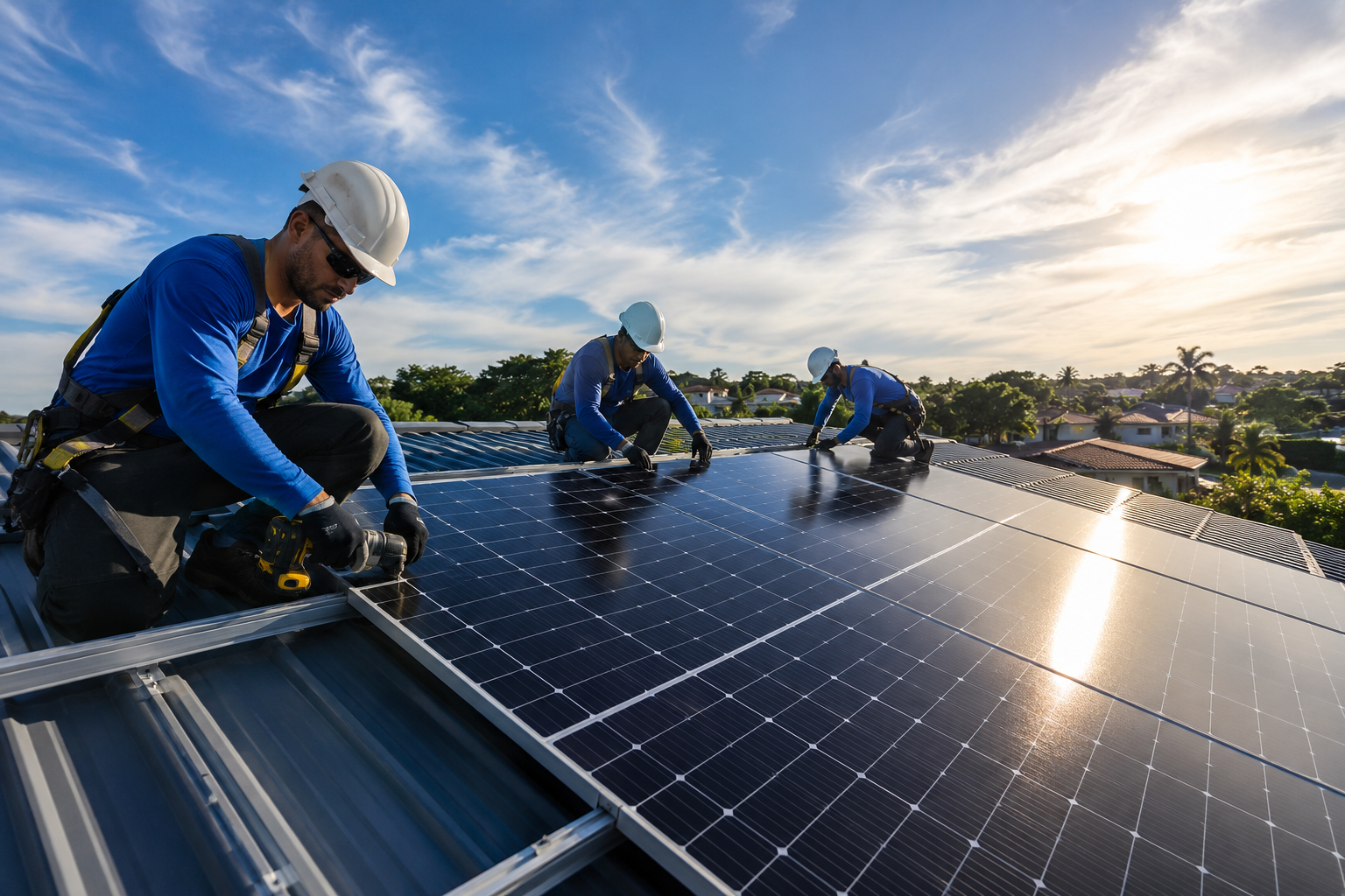 Equipe SolMais em campo instalando painéis solares